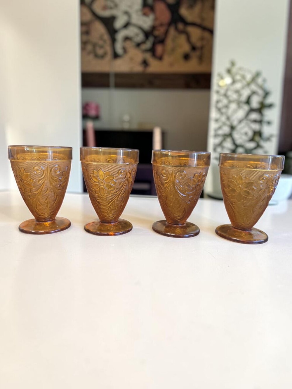 Vintage Amber Floral Pressed Glass Goblets - Set of 4